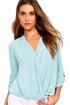 Sexy Slate Blue V Neck Knotted Button-up Sleeve Blouse